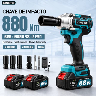 Kit Chave de Impacto KINETX 880Nm 68VF 3 em 1 Brushless 1/2" Furadeira Parafusadeira com 2 Baterias 3 Soquetes e Luvas