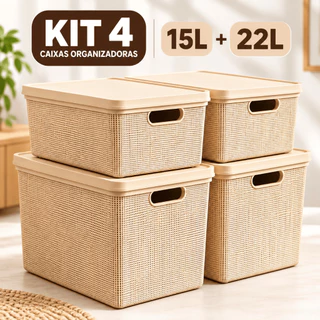 Kit 4 Caixas Organizadoras com Tampa 15L e 22L Rattan Empilháveis Guarda Roupa