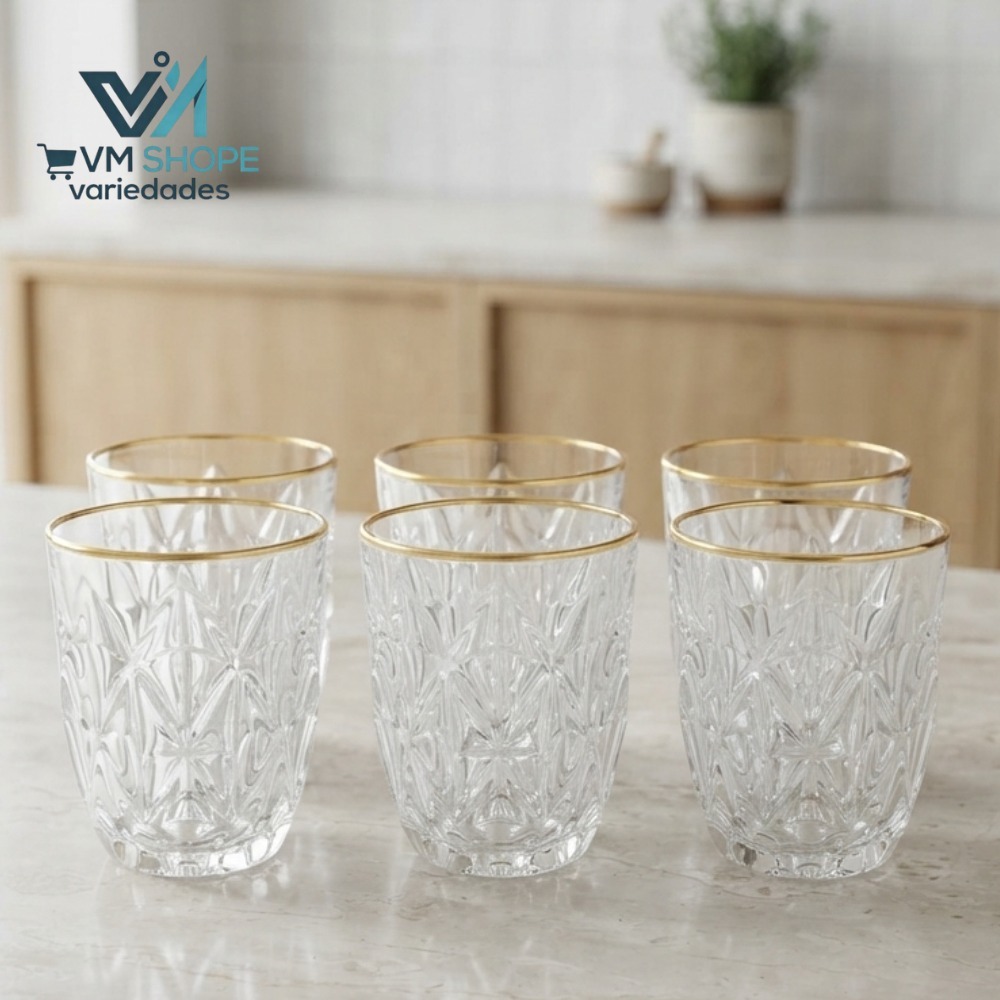 Copo de Vidro com Borda Dourada Diamond 270ml Kit 6 Pçs - Lyor | Shopee ...