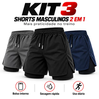 KIT 3 Short 2 em 1 Masculino Dry Fit Academia Corrida Esportivo Leve e Confortável