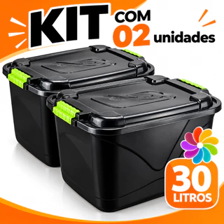 Kit 2 Caixas Organizadora 30L Tampa e Trava Cesto Container Grande P/ Brinquedos Ferramentas Multiuso