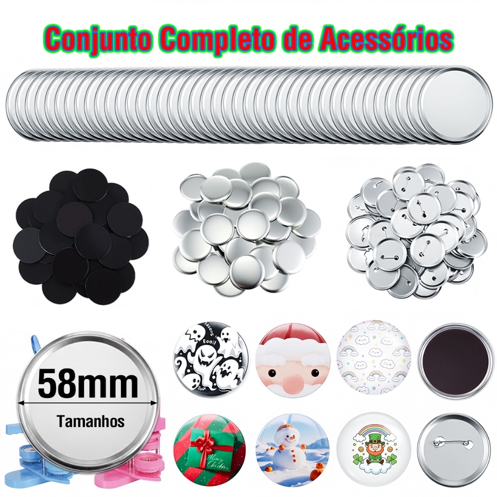 Kit Completo 100 Ímãs de Geladeira Redondos 58mm + 20 Broches ...