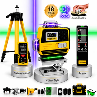 Nível Laser Digital Tresnna 16 Linhas Dual Color, c/ Receptor 60 M, 2 Baterias, Trena Laser