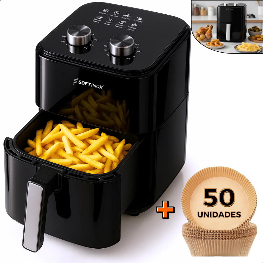 Fritadeira Elétrica Sem Óleo Air Fryer 4.2L 127V ou 220V Assadeira Preta Softinox 50 Formas Papel