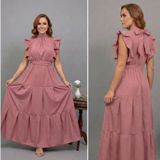 Vestido Feminino Longo Luxo, Evangelico e Festa Saia três Marias com Babado Manga Allana em Oferta na Shopee