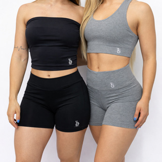 Conjunto Feminino Top e Short Cintura Alta - Cinza e Preto Treino e Academia