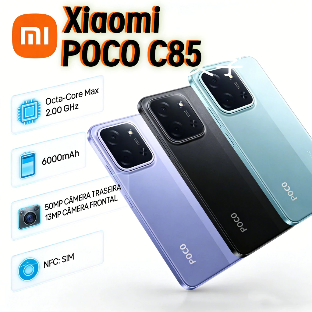 Smartphone Xiaomi Poco C85 em tres cores diferentes exibindo especificacoes tecnicas