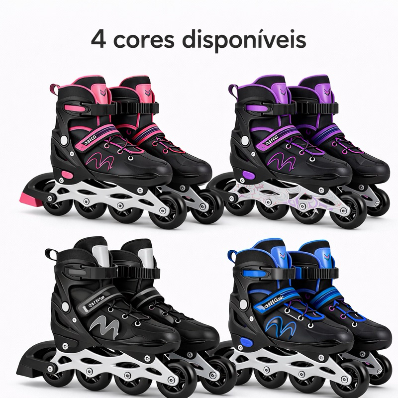 Patins Roller Inline Juvenil Ajustável com Rodas de LED