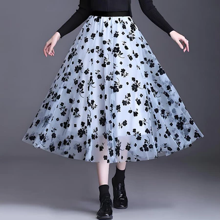 Saia Feminina Cintura Tule Para Alta Mid Calf Longo De Floral Saia de Tule Malha Plissada