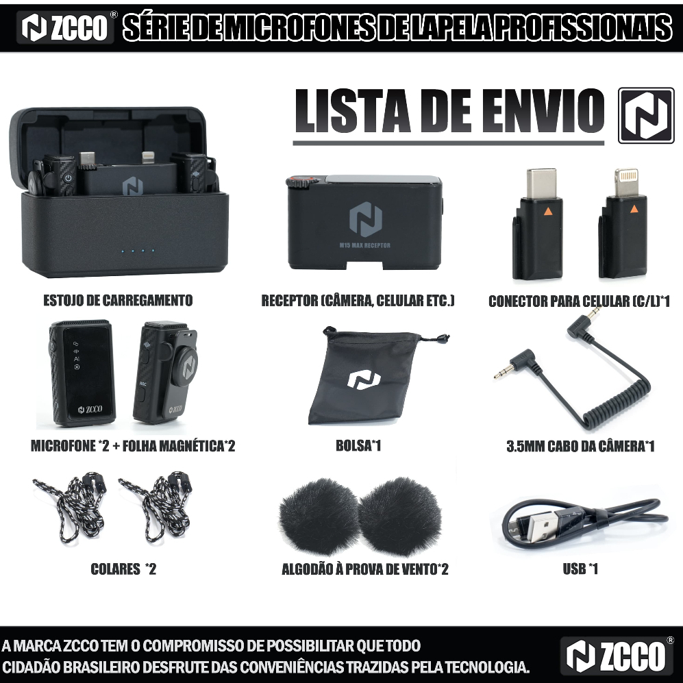 ZCCO-M15 MAX Microfone Lapela Kit Duplo Sem Fio Magnético c