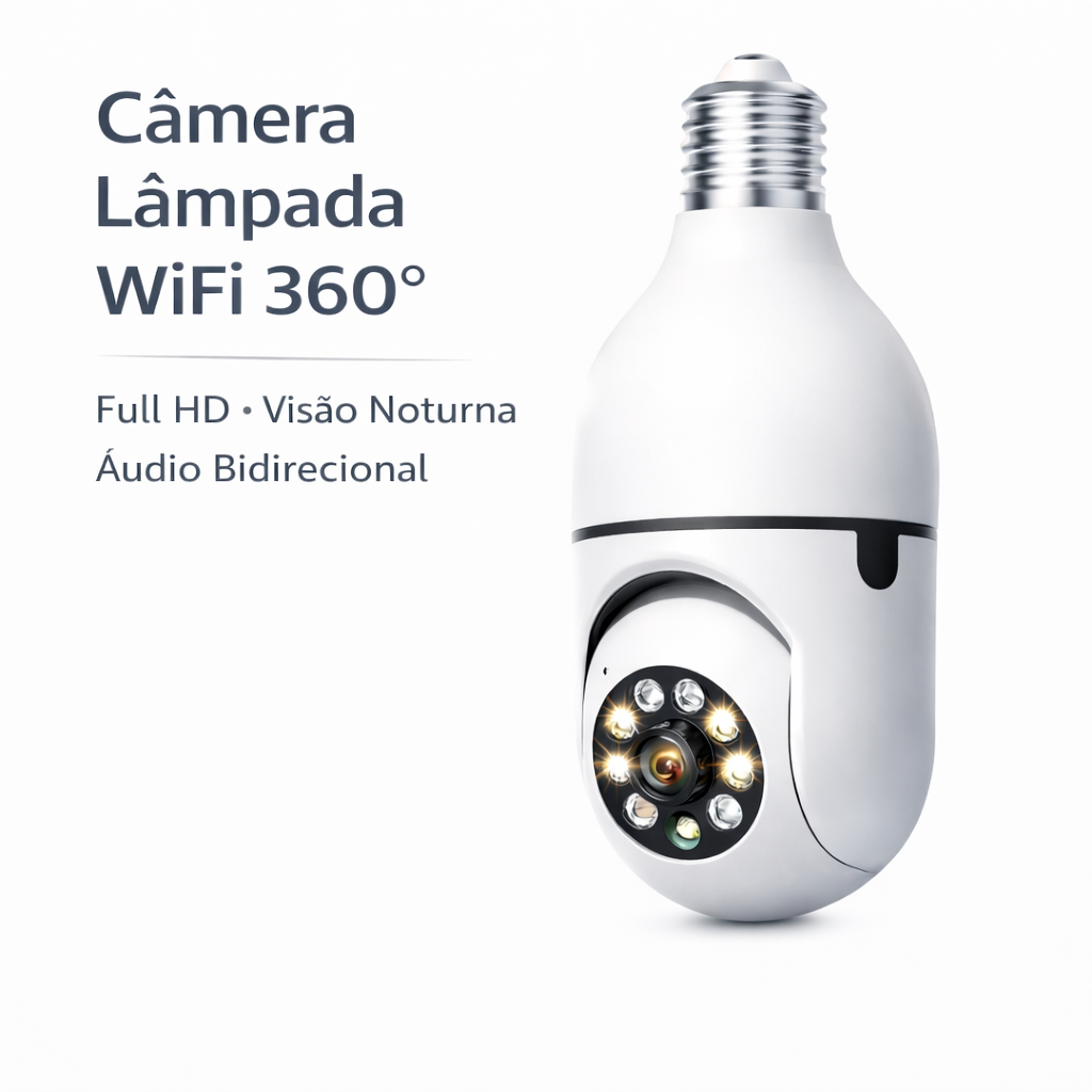 Câmera Lâmpada de Segurança WiFi 360° Full HD PTZ Visão Noturna Áudio ...