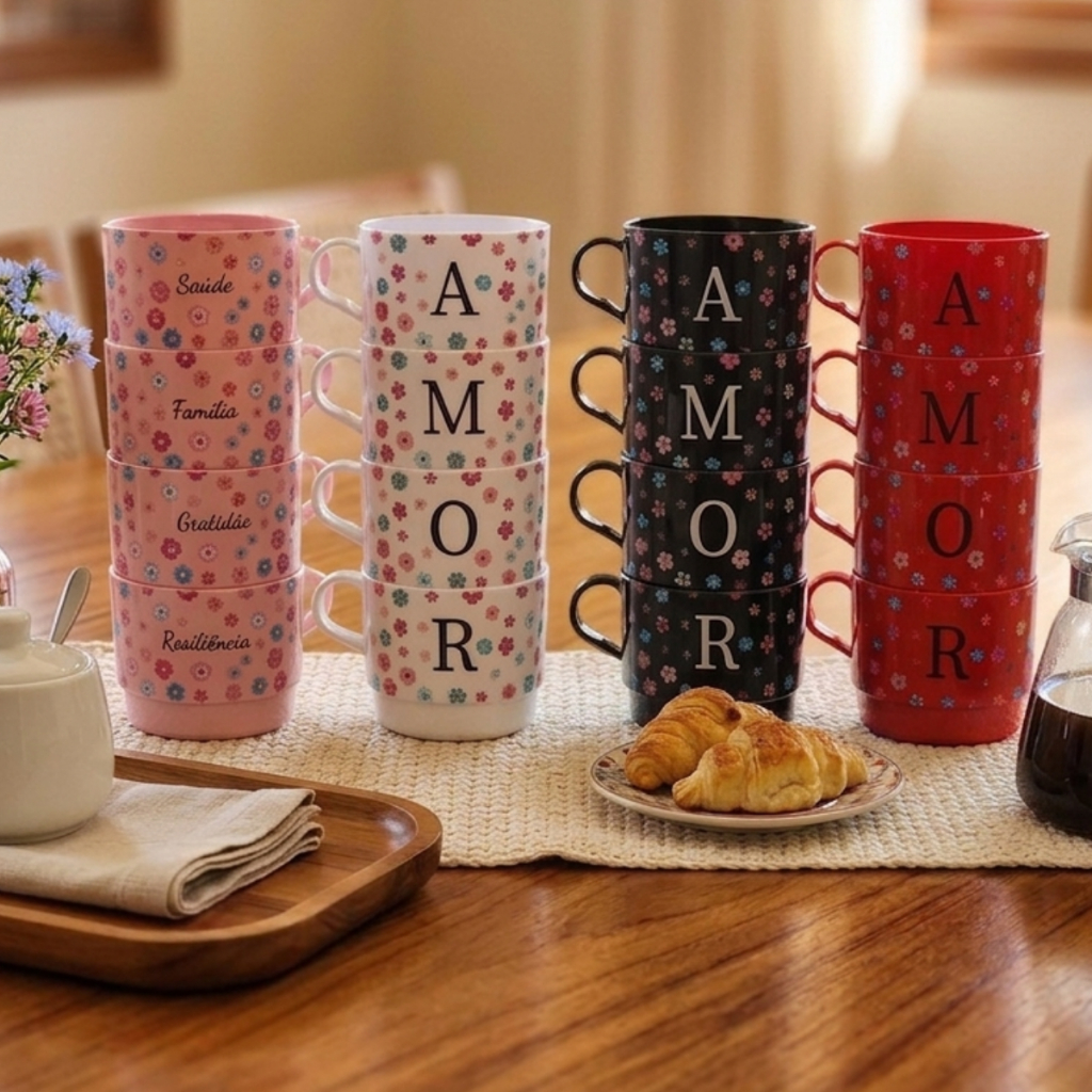 Conjunto 4 Xícaras Acrílico 210mL Café Frases Pedreira Utilidades