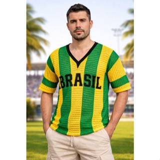 Blusa Brasil Masculino Tricot listrada decote V em Oferta na Shopee