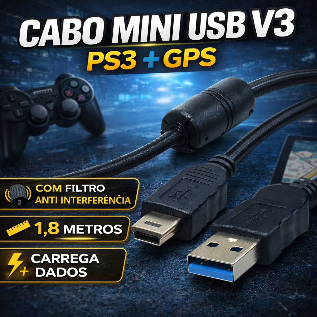 Cabo Mini USB V3 1.8m Com Filtro PS3 Controle + GPS + Transferência ...
