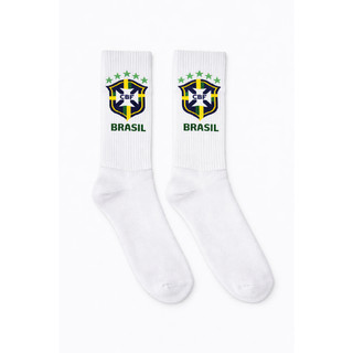 Meia Brasil Unissex Canelada Adulto Futebol Copa Hexa Corrida Bike Cano Médio Branco Azul Amarela — foto 4 — Achou Levou Brasil