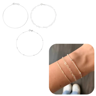 Kit 03 Pulseiras de Prata 925 Legítimas Bolas Corações e Veneziana