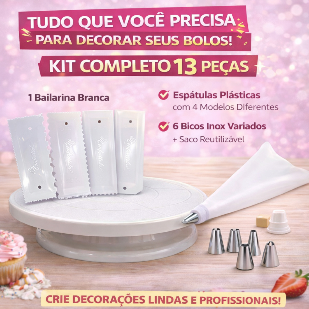Kit Confeitaria 13 Peças Bailarina Bicos Inox Espátulas Saco