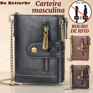 Carteira de Couro Genuíno Masculina Proteção RFID Corrente Estilosa Novidade para 2026 fina texturizada marrom preta-DB
