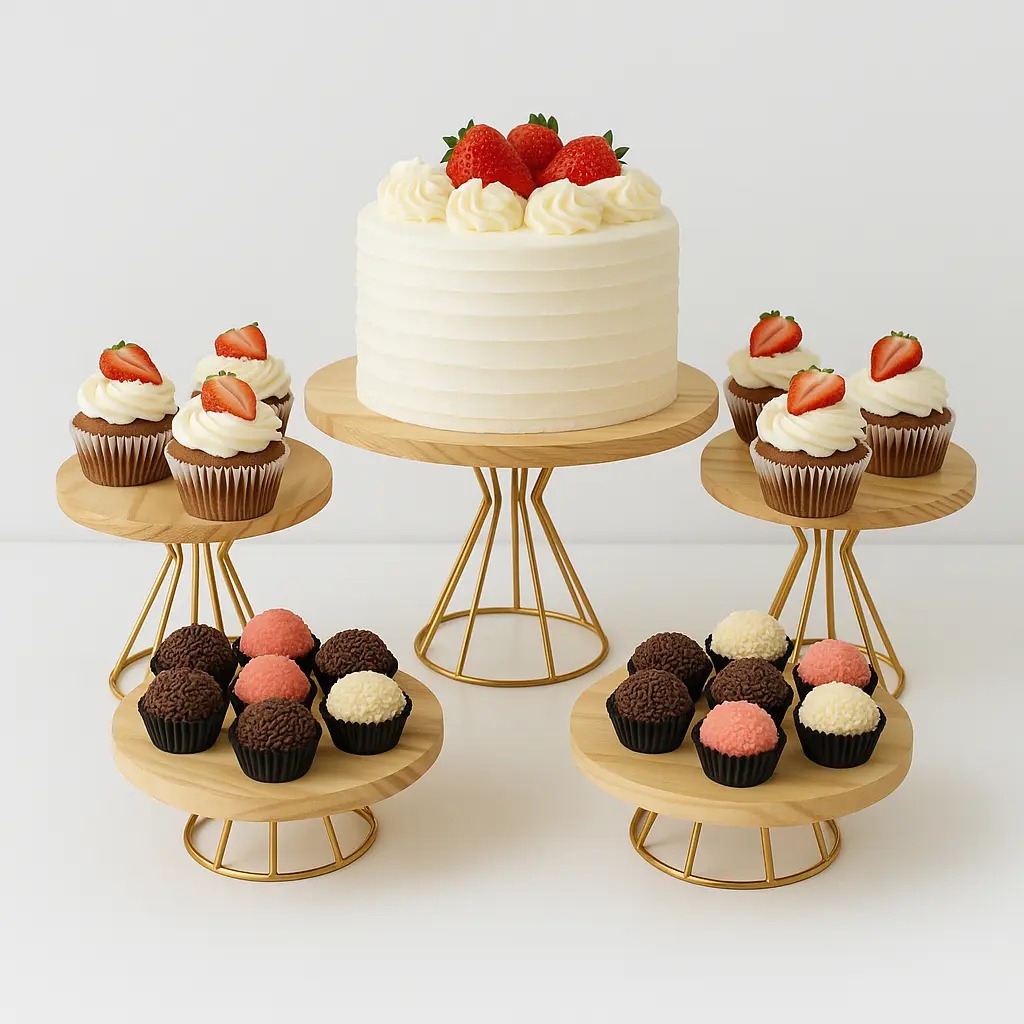 Kit Boleira Suporte Mesa 5 Peças Dourado Festa Bolos Infanti