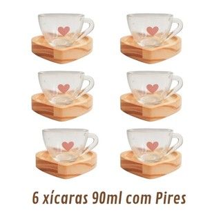 Jogo de Xícaras de Café com Pires de Madeira Coração Cantinho do Café Kit Presente Feminino