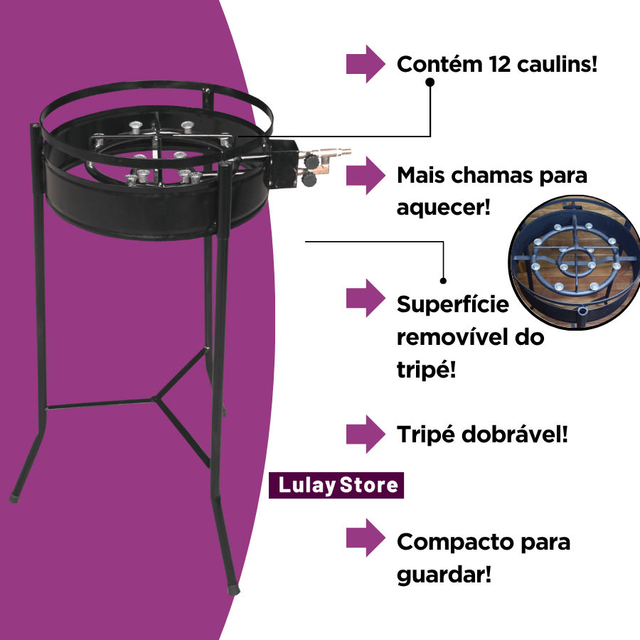 Kit Fogareiro Duplo 12 Caulins Tripé + Disco 40 Tacho Ferro Gás