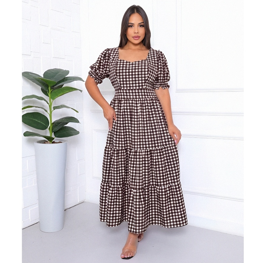 VESTIDO MIDI MANGA BUFANTE XADREZ FRENTE QUADRADA CREPINHO FORRADO