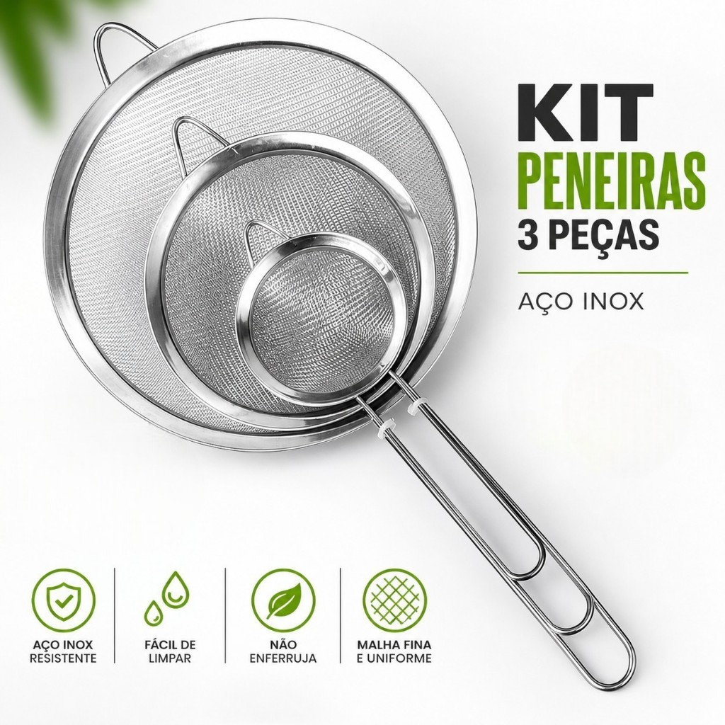 Kit 3 Peneiras Utensílios Cozinha Aço Inox 8/10/12cm Coador 