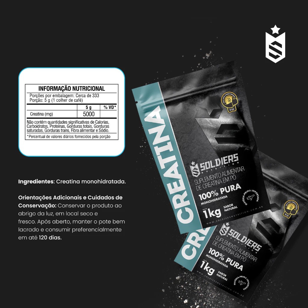 Informação nutricional da Creatina Soldiers Nutrition ao lado de duas embalagens do produto em fundo escuro