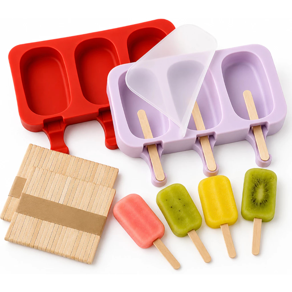 Forma de Sorvete Molde de Picolé de Silicone Com Tampa + 50 Palitos Formas De Picolé Com 3 Cavidades