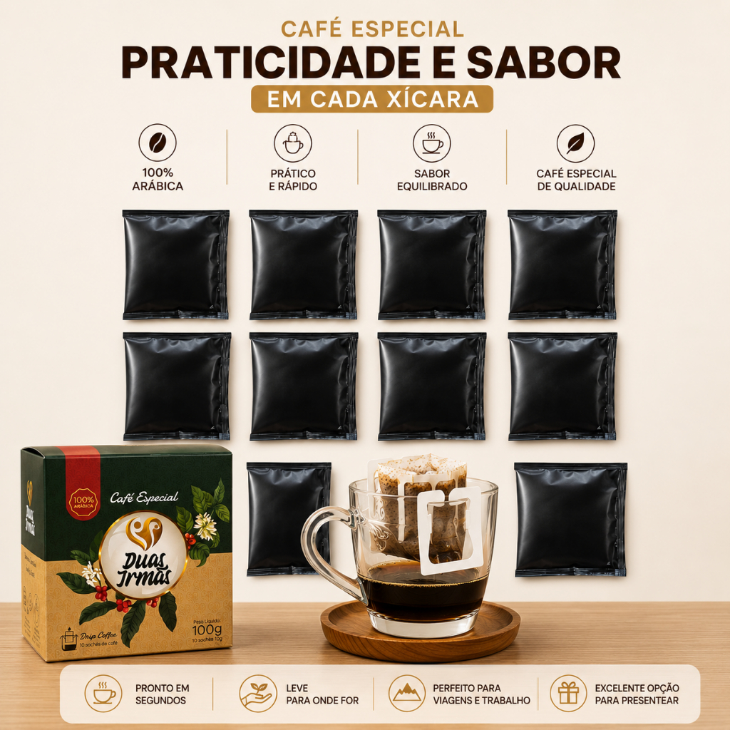 Kit 10 Unidades Drip Coffee Café Especial Bourbon 100% Arábica Duas Irmãs Café De Bolso