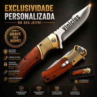 Canivete Personalizado com Nome Dourado e Madeira Luxuoso