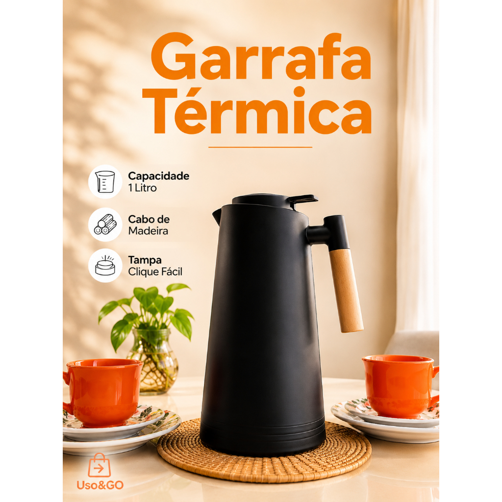 Garrafa Térmica Café e Chá 1 Litro com Cabo de Madeira Manté