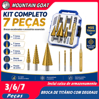 Kit 7 Brocas Escalonadas Titânio Amarelo Aço Rápido, Corte Lateral Marcador, Estojo, P/Metal Alumínio Cobre