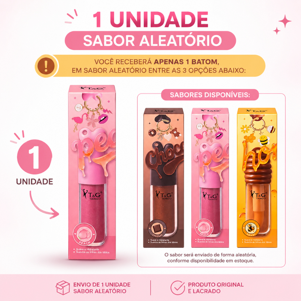Lip Oil Hidratante brilho + Chaveirinho, Chocolate, Mel e Pêssego