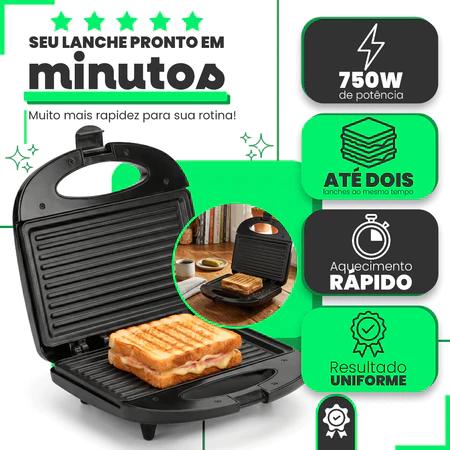 Sanduicheira Grill Elétrica 750W Antiaderente 2 Sanduíches Rápido 110V ou 220V Preto Termostato Automatico