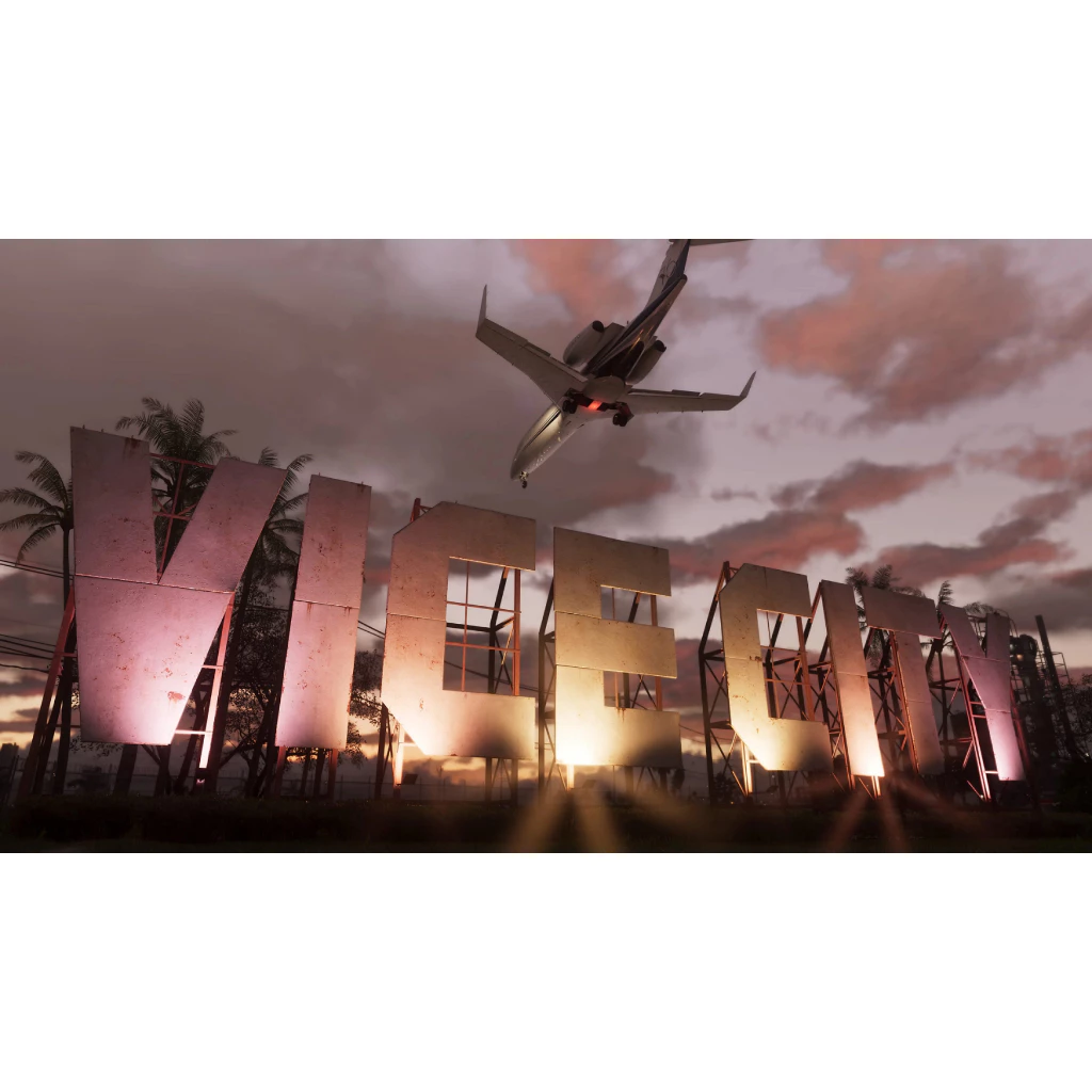 Um avião particular voando sobre a palavra 'VICE CITY' iluminada por luzes no chão, ao pôr do sol, com palmeiras e um céu rosado.
