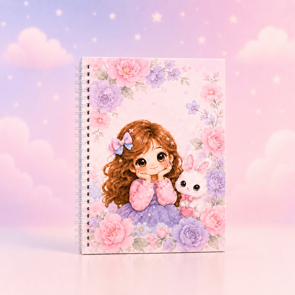 Caderno Personalizado Infantil | Meninas — Flores Rosa e Lilás