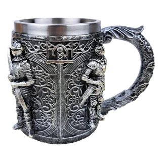 Caneca Medieval Artesanal Resina Copo Aço Inox Grande Térmico Chopp Cerveja Cavaleiro Templário
