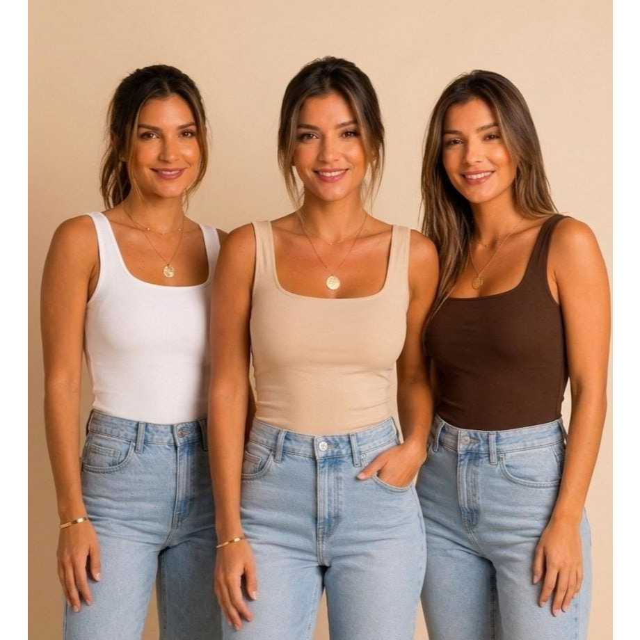 Kit 3 Blusinha Regata Feminina Decote Quadrado Moda Blogueira