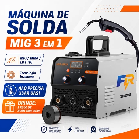 Máquina de Solda MIG 250 Inversora IGBT Sem Gás MMA TIG 3 em 1 Portátil (110V ou 220V)