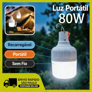 Holofote LED 80W Recarregavel Portatil Pesca Churrasco Jardim Area Externa Refletor Acampamento USB