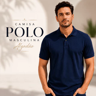 Camisa Polo Masculina Azul Algodão Premium Manga Curta Casual Social Confortável