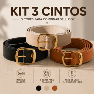 Kit 3 Cintos Feminino Casual com Fivela Dourada