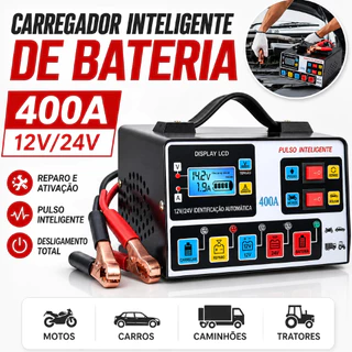 Carregador de Bateria 12V/24V Automático Reparo de Pulso Alta Frequência Display LCD 220W para Carro