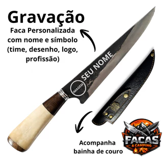 Faca Personalizada Aço Carbono com Cabo de Chifre Osso Nome e Figura com Bainha