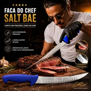 Faca Churrasco Artesanal Profissional Moderna Cabo Híbrido Lâmina Curvada Aço Inox Salt Bae Chef