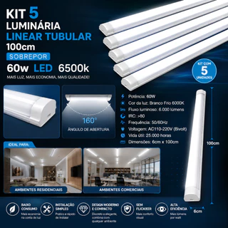Kit 5 Luminária Linear Tubular 100cm Sobrepor 60w Led 6500k