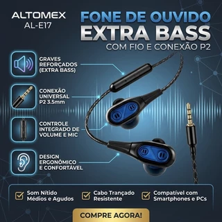 Fone De Ouvido Com Fio Extra Bass Altomex Entrada P2 Microfone E Controle De Volume AL-E17