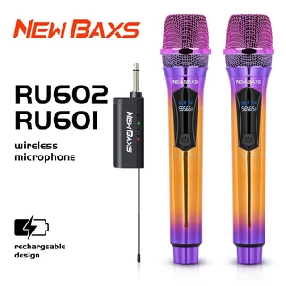 Microfone Sem Fio NEW BAXS EU602/RU602 Original Kit 1 Receptor 2 Microfones Plug and Play Cromado Karaokê