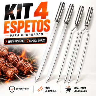 Kit 4 Espetos para Churrasco Alumínio Reforçado Reutilizável Espada ou Duplo 40 a 80cm Churrasqueira